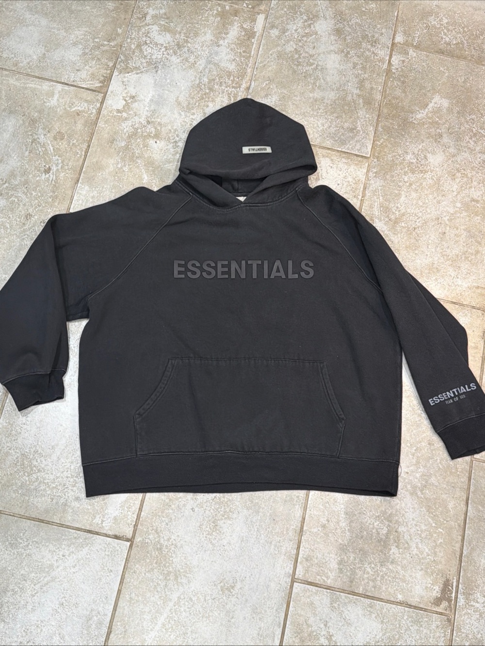 Essentials Fear of God Black Cotton Fleece Pullover Hoodie Logo Pocket Large